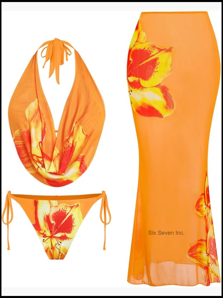 3 Piece Floral Swimsuit Halter Bikini Set With Sheer Mesh Cover Up Skirt